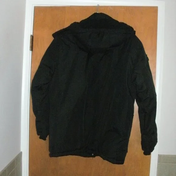 DKNY Black Hooded Parka Jacket with Logo Chest Pockets fully padded lining sz L